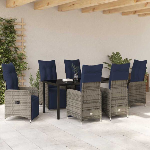 vidaXL Tisch- und Stuhlset mit Kissen 7 pcs Grau PE-Rattan