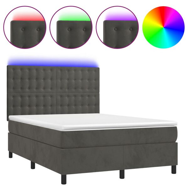vidaXL Boxspringbett mit Matratze & LED Dunkelgrau 140x200 cm Samt
