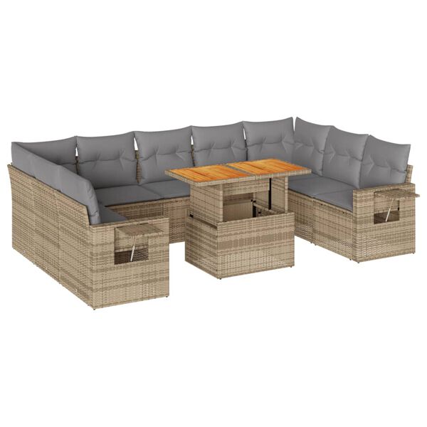 vidaXL 10-tlg. Garten-Sofagarnitur mit Kissen Beige Poly Rattan