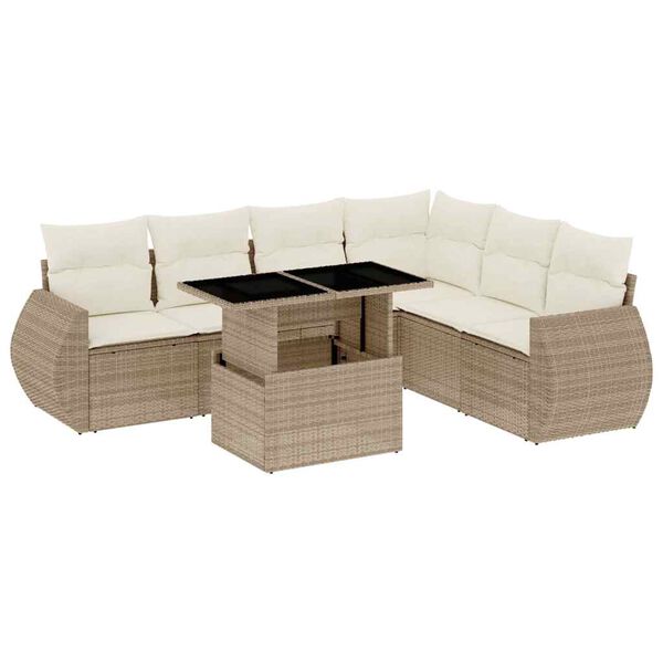 vidaXL 7-tlg. Garten-Sofagarnitur mit Kissen Beige Poly Rattan
