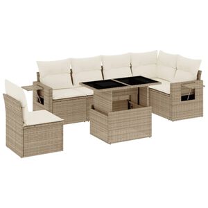 vidaXL 7-tlg. Garten-Sofagarnitur mit Kissen Beige Poly Rattan
