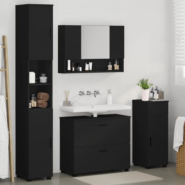 vidaXL Badezimmerm&ouml;bel-Set mit T&uuml;r 4 pcs Schwarz Sperrholz und Metall