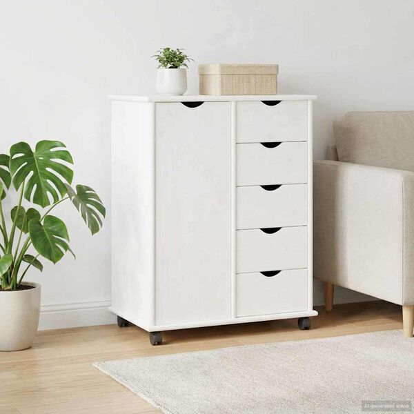 vidaXL Rollschrank Mit Rad Wei&szlig; 63,5 x 39 x 79 cm Massivholz Kiefer