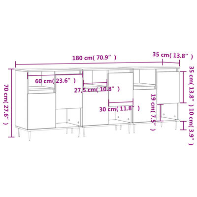 vidaXL Sideboards 3 Stk. Schwarz Holzwerkstoff