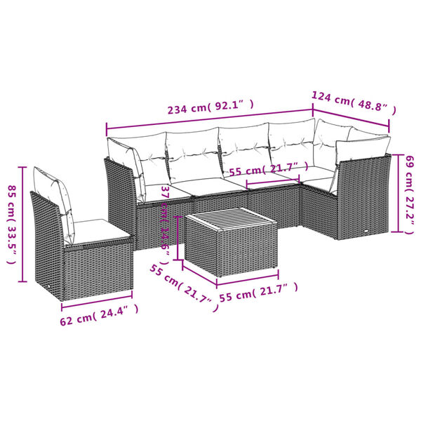 vidaXL 7-tlg. Garten-Sofagarnitur mit Kissen Beige Poly Rattan