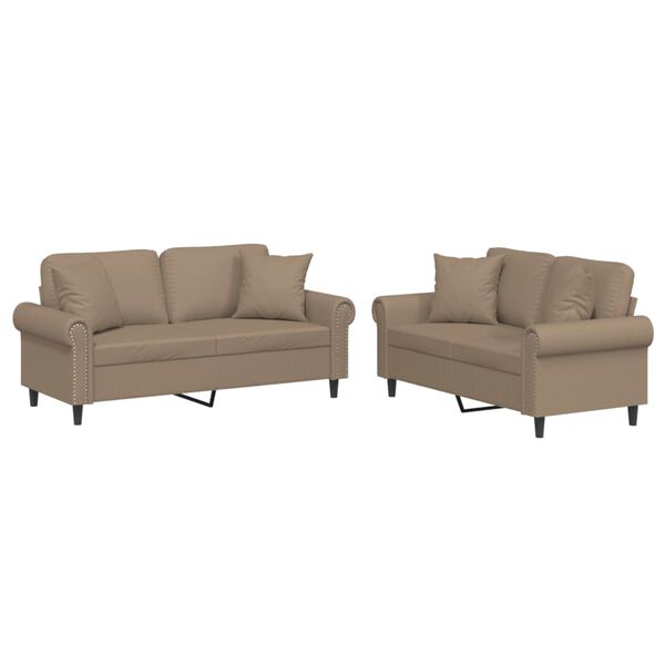 vidaXL 2-tlg. Sofagarnitur mit Kissen Cappuccino-Braun Kunstleder