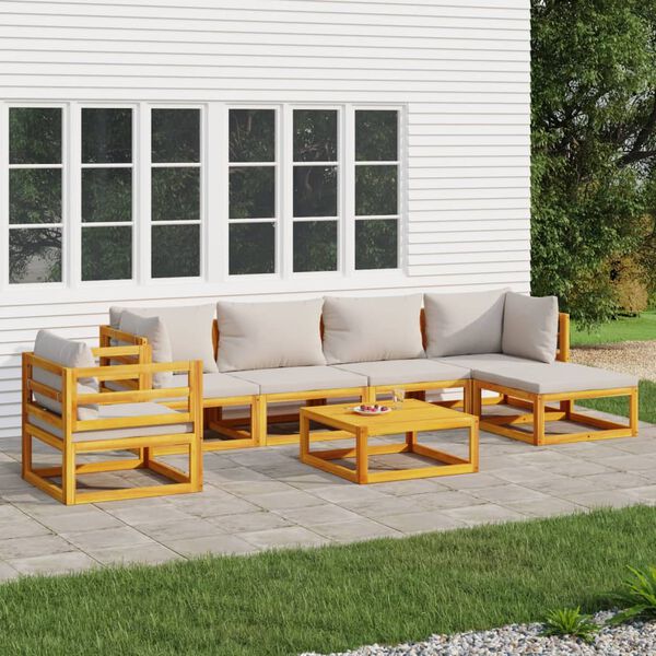 vidaXL 7-tlg. Garten-Lounge-Set mit Hellgrauen Kissen Massivholz