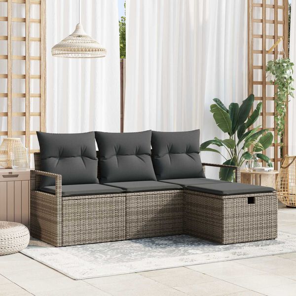 vidaXL Garten-Sofa-Set mit Kissen mit Speicher 4 pcs Grau Poly Rattan