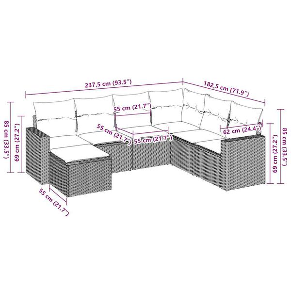 vidaXL 7-tlg. Garten-Sofagarnitur mit Kissen Braun Poly Rattan
