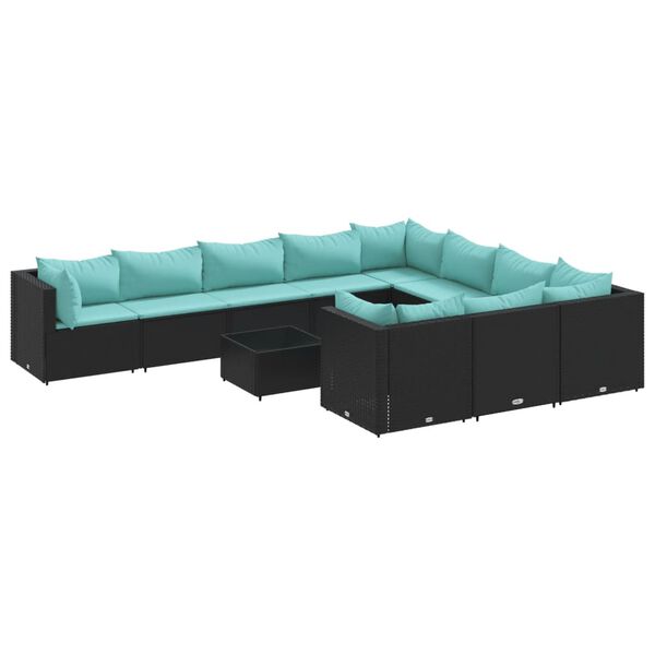 vidaXL 11-tlg. Garten-Sofagarnitur mit Kissen Schwarz Poly Rattan