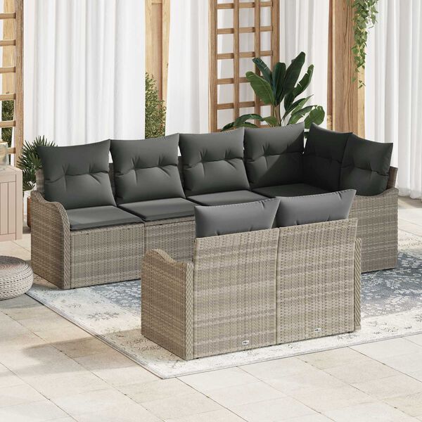 vidaXL Garten-Sofa-Set mit Kissen 7 pcs Hellgrau Poly Rattan