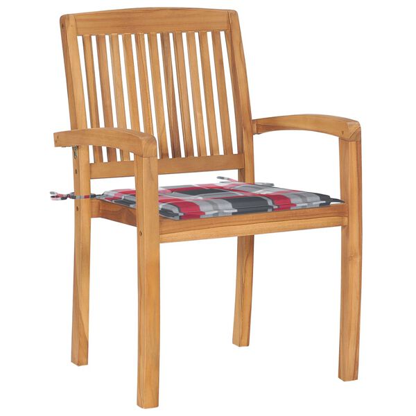 vidaXL Gartenst&uuml;hle 2 Stk. Rote Karomuster Kissen Massivholz Teak