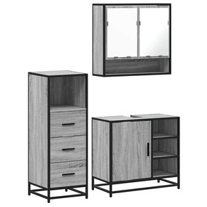 vidaXL 3-tlg. Badm&ouml;bel-Set Grau Sonoma Holzwerkstoff