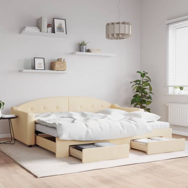 vidaXL Tagesbett Ausziehbar mit Schubladen Creme 90x200 cm Stoff