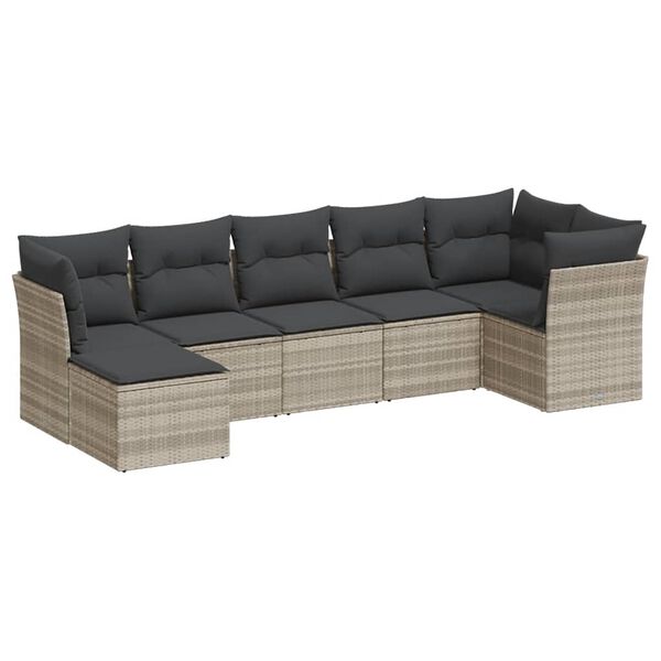 vidaXL 7-tlg. Garten-Sofagarnitur mit Kissen Hellgrau Poly Rattan