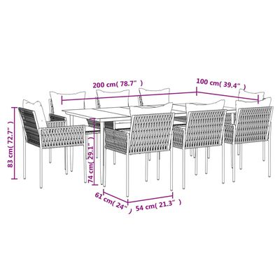 vidaXL 9-tlg. Garten-Essgruppe mit Kissen Poly Rattan und Stahl