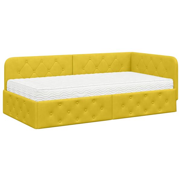 vidaXL Eckbettgestell mit Matratze mit Kopfteil Gelb 90 x 200 cm Samt