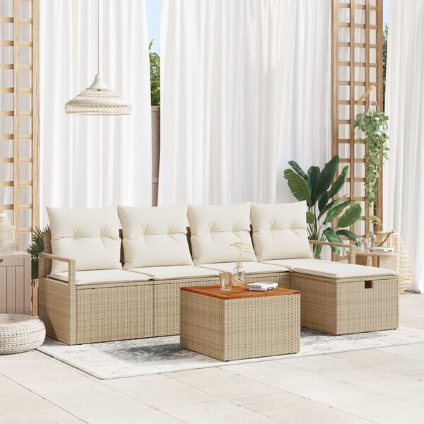 vidaXL Gartensofa-set mit Kissen mit Speicher 6 pcs Beige Poly Rattan