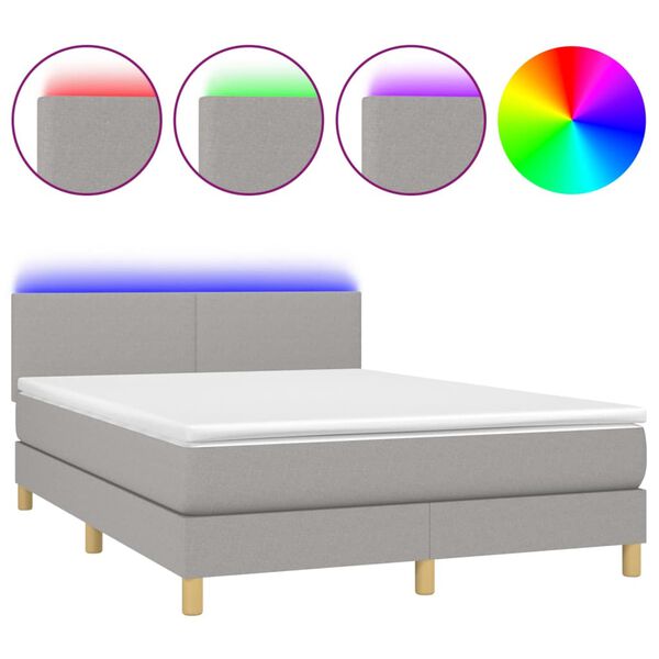 vidaXL Boxspringbett mit Matratze & LED Hellgrau 140x190 cm Stoff