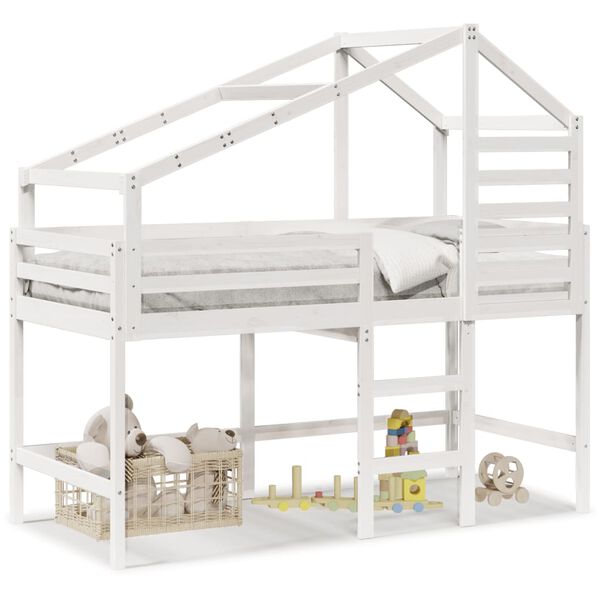 vidaXL Hochbett mit Leiter und Dach Wei&szlig; 90x190 cm Massivholz Kiefer