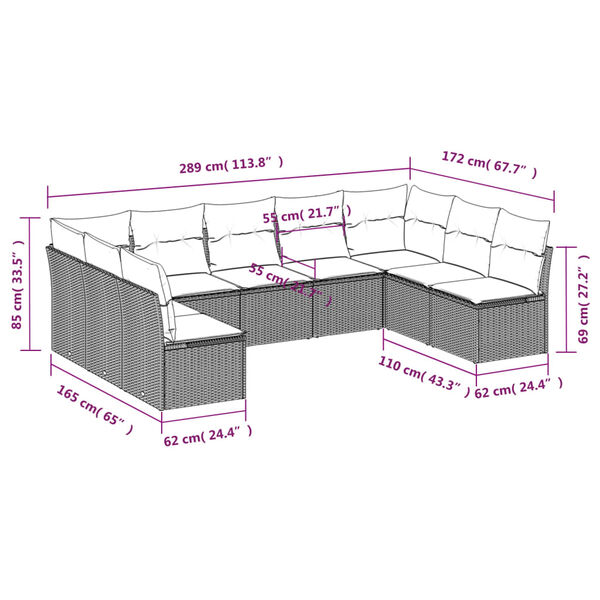 vidaXL 9-tlg. Garten-Sofagarnitur mit Kissen Grau Poly Rattan