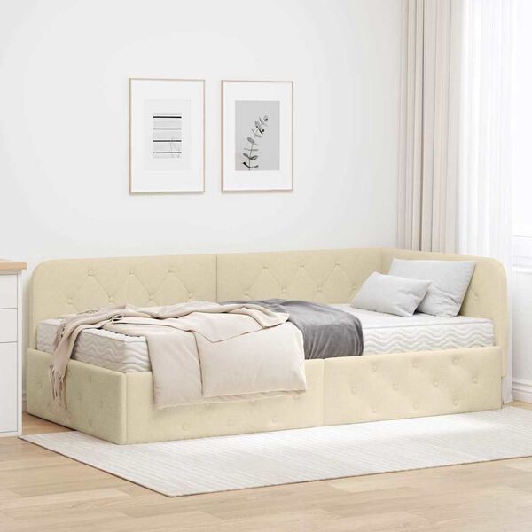 vidaXL Eckbettgestell mit Matratze Creme 90 x 200 cm Stoff