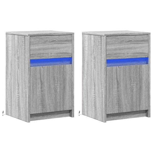 vidaXL Nachttische mit LED-Leuchten 2 Stk. Grau Sonoma Holzwerkstoff