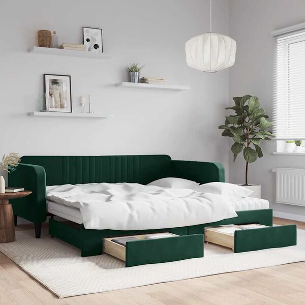 vidaXL Tagesbett Ausziehbar mit Schubladen Dunkelgr&uuml;n 100x200 cm Samt