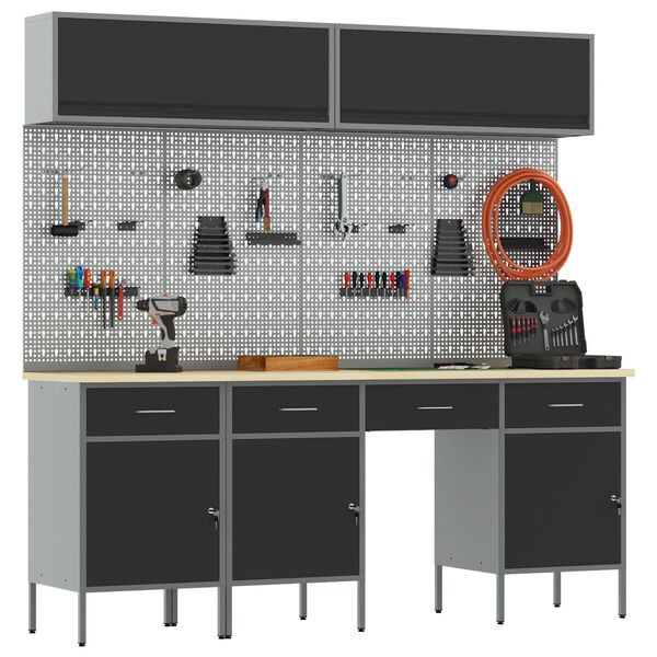 vidaXL Werkbank mit Schubladen 10 pcs Schwarz 200 x 55 x 200 cm Stahl