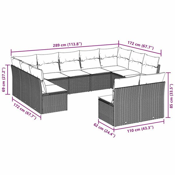 vidaXL 11-tlg. Garten-Sofagarnitur mit Kissen Hellgrau Poly Rattan