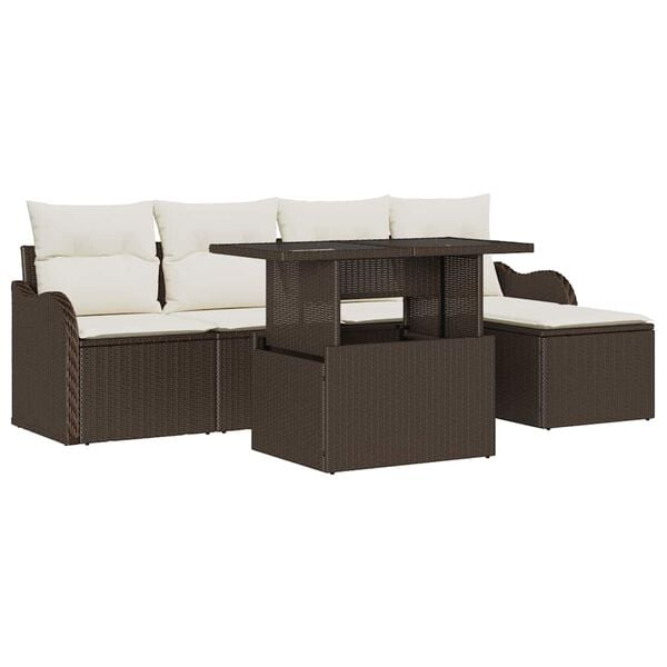 vidaXL Garten-Sofa-Set mit Kissen mit Speicher 6 pcs Braun Poly Rattan