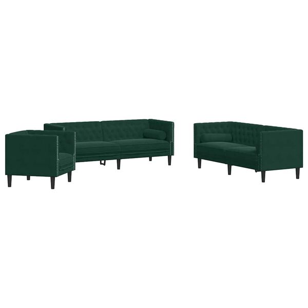 vidaXL 3-tlg. Chesterfield-Sofa-Set mit Nackenrollen Dunkelgr&uuml;n Samt