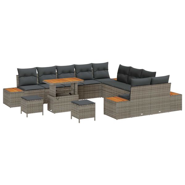 vidaXL Gartensofa-set mit Kissen mit Speicher 13 pcs Grau Poly Rattan