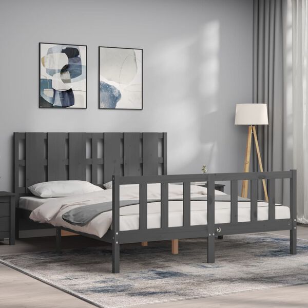vidaXL Massivholzbett mit Kopfteil Grau