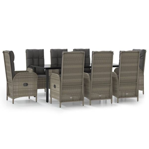 vidaXL 9-tlg. Garten-Essgruppe mit Kissen Schwarz und Grau Poly Rattan