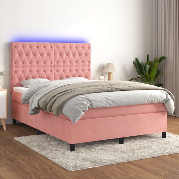 vidaXL Boxspringbett mit Matratze & LED Rosa 140x190 cm Samt