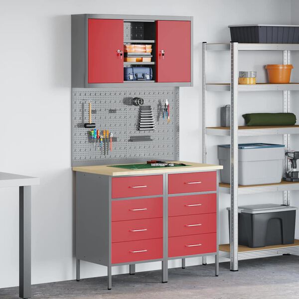 vidaXL Arbeitsschrankset mit Schubladen mit Regal 5 pcs Rot