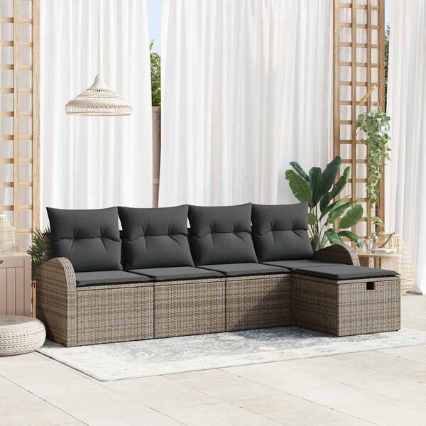 vidaXL Garten-Sofa-Set mit Kissen mit Speicher 5 pcs Grau Poly Rattan