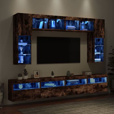vidaXL 8-tlg. TV-Wohnwand mit LED-Leuchten Räuchereiche