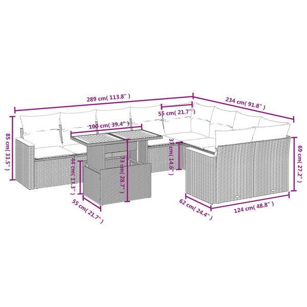 vidaXL 10-tlg. Garten-Sofagarnitur mit Kissen Schwarz Poly Rattan