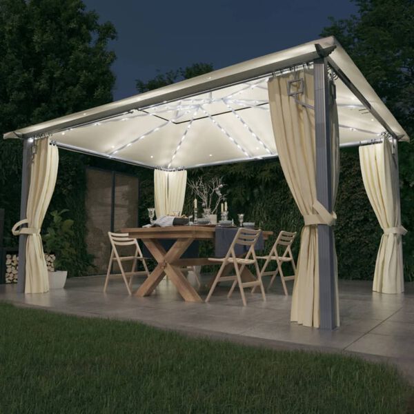 vidaXL Pavillon mit Vorh&auml;ngen & LED-Lichterkette 400x300 cm Creme Alu