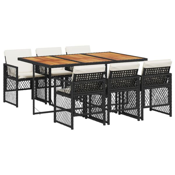 vidaXL 7-tlg. Garten-Essgruppe mit Kissen Schwarz Poly Rattan