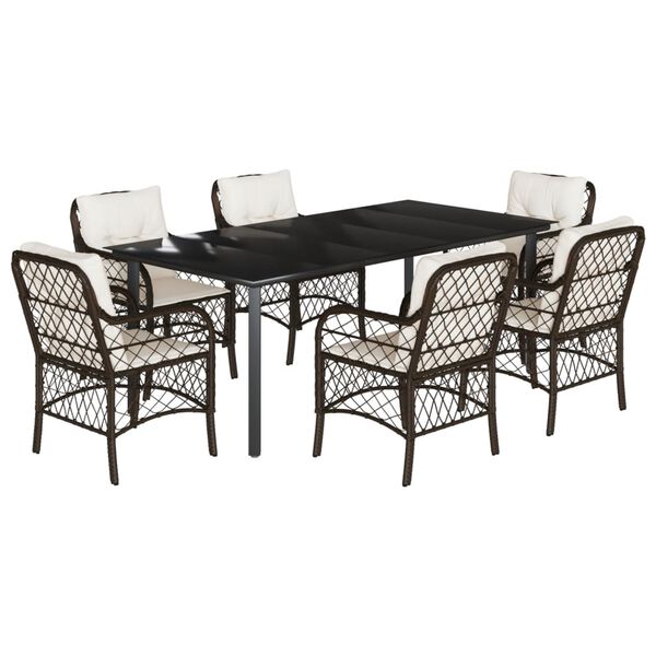 vidaXL 7-tlg. Garten-Essgruppe mit Kissen Braun Poly Rattan