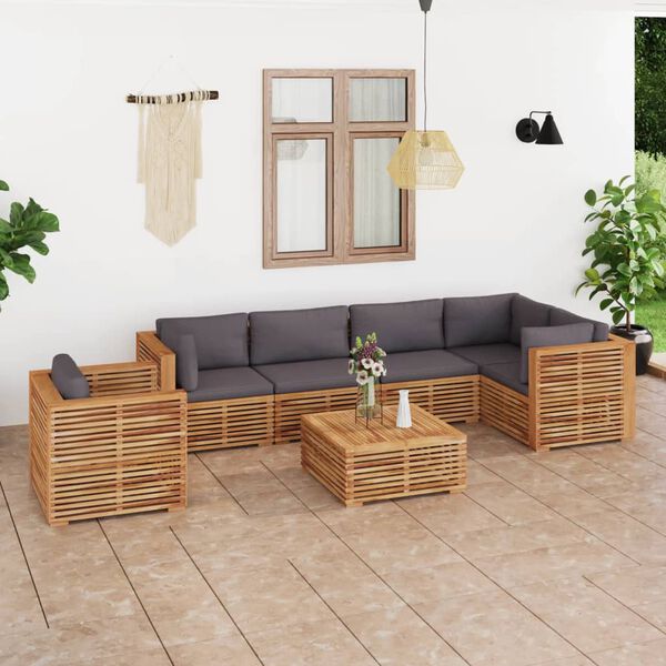 vidaXL 7-tlg. Garten-Lounge-Set mit Kissen Dunkelgrau Massivholz Teak