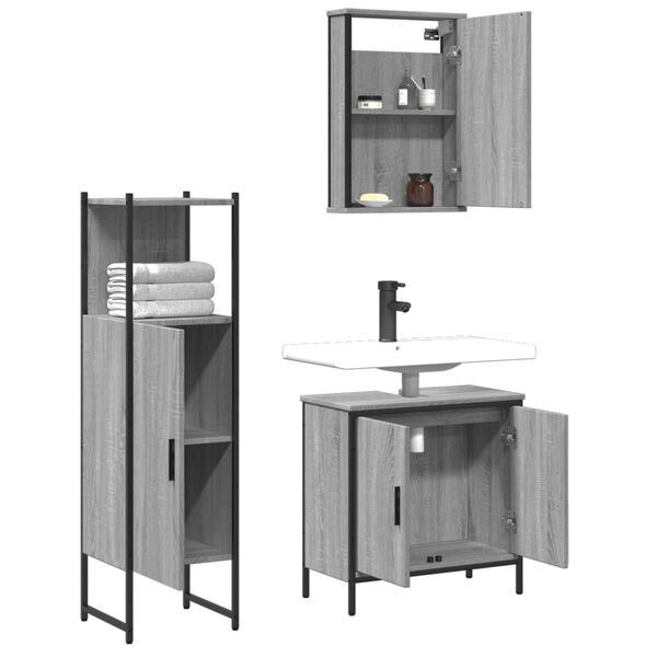 vidaXL 3-tlg. Badm&ouml;bel-Set Grau Sonoma Holzwerkstoff