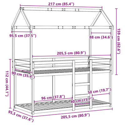 vidaXL Etagenbett mit Dach Wachsbraun 90x200 cm Massivholz Kiefer