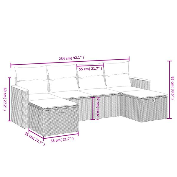 vidaXL 6-tlg. Garten-Sofagarnitur mit Kissen Schwarz Poly Rattan