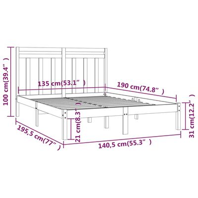 vidaXL Massivholzbett Schwarz 135x190 cm