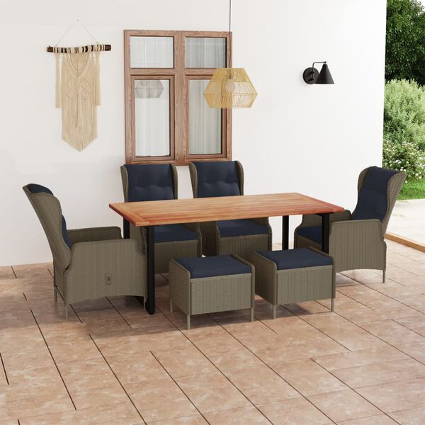 vidaXL 7-tlg. Garten-Essgruppe mit Kissen Poly Rattan Braun