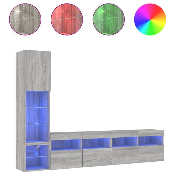 vidaXL 4-tlg. Wohnwand mit LED-Beleuchtung Grau Sonoma Holzwerkstoff